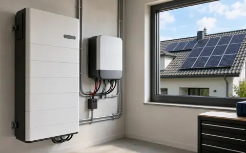 Nowoczesny magazyn energii i falownik, gotowe do instalacji najlepszej fotowoltaiki. Za oknem widać dom z panelami słonecznymi na dachu.