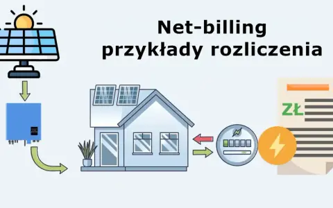 Schemat net-billingu fotowoltaiki. Ilustracja pokazuje panele słoneczne, falownik, dom, licznik i rachunek. Tauron rozliczenie roczne fotowoltaiki.