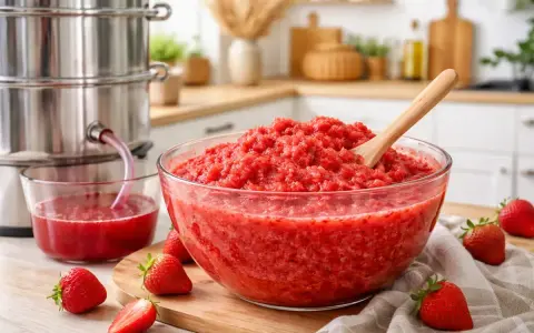 Duża miska z pulchną masą truskawkową, obok sokowirówka i świeże truskawki. To wszystko to odpady po wyciśnięciu soku.