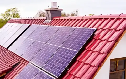 Panele fotowoltaiczne na czerwonym dachu, gotowe do mycia. Czysta energia dla domu.