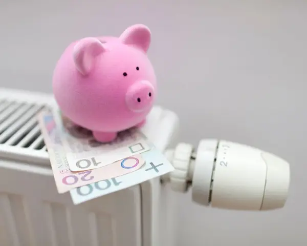 Różowa świnka-skarbonka na grzejniku z polskimi banknotami. Oszczędzanie na ogrzewaniu, może w ramach bonu energetycznego 2026.