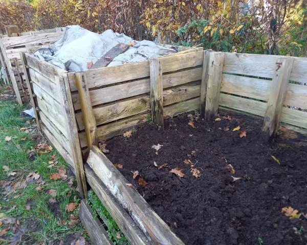 Drewniany kompostownik w ziemi, częściowo przykryty plandeką. Widać jesienne liście i trawę.