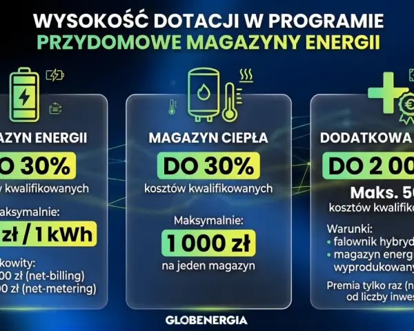 Dofinansowanie do magazynu energii: do 30% kosztów, maks. 800 zł/kWh. Dodatkowa premia do 2000 zł.