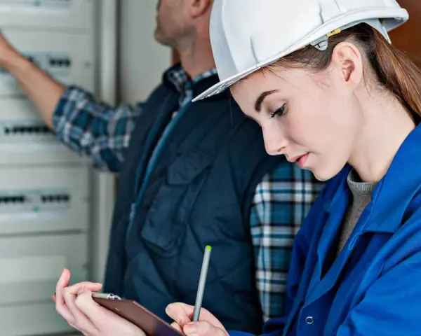 Młoda elektryczka w białym kasku i niebieskim kombinezonie notuje dane, podczas gdy kolega wskazuje na rozdzielnicę. Potwierdzenie kwalifikacji, certyfikat elektryczny w tle.