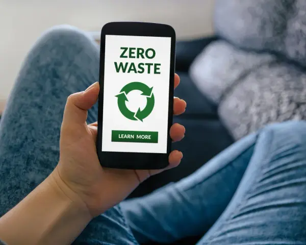 Dłoń trzyma smartfon z ekranem aplikacji zero waste. Zielony symbol recyklingu i przycisk "Learn More" zachęcają do ekologicznych działań.