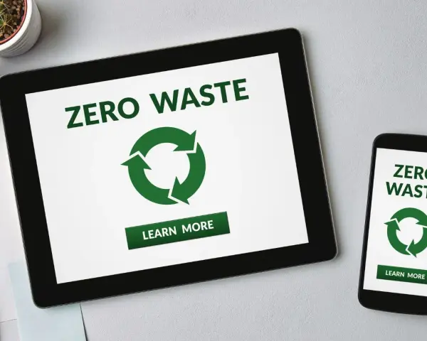 Tablet i smartfon pokazują hasło "ZERO WASTE" i symbol recyklingu. Dyskutujemy o rodzajach opakowań przyjaznych środowisku.
