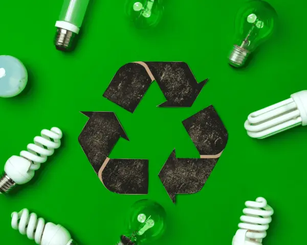 Symbol recyklingu otoczony różnymi rodzajami żarówek. Pamiętaj, gdzie wyrzucać baterie i żarówki, by dbać o planetę.