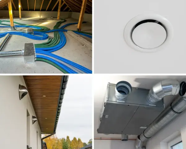 Instalacja rekuperacji z klimatyzacją: przewody w poddaszu, nawiewnik sufitowy, czerpnie/wyrzutnie ścienne i centrala wentylacyjna.