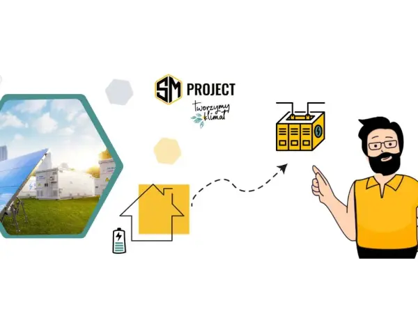 SM Project pokazuje, jak wykorzystać nadmiar energii z fotowoltaiki. Panel słoneczny, magazyn energii i dom połączone strzałką.
