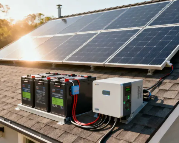 Panele słoneczne na dachu, obok akumulatorów i falownika, tworzą niezależny system energetyczny.