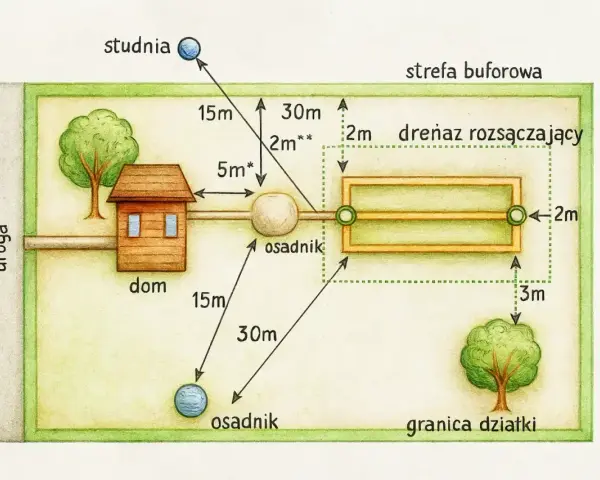 Schemat przydomowej oczyszczalni ścieków: dom, osadnik, drenaż rozsączający, studnia i drzewa na działce z zachowaniem odległości.
