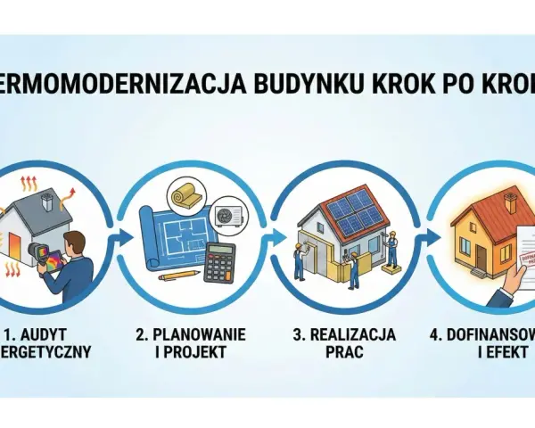 Proces termomodernizacji budynku krok po kroku: audyt, planowanie, realizacja prac, dofinansowanie i efekt.