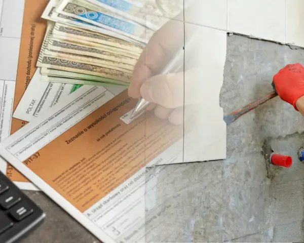 Rozliczenie PIT-37 z pieniędzmi i kalkulatorem, obok trwa remont. Odliczenie remontu od podatku jest możliwe.
