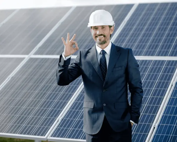 Uśmiechnięty mężczyzna w kasku i garniturze pokazuje znak OK na tle paneli fotowoltaicznych. To symbol efektywnego oddawania energii do sieci.