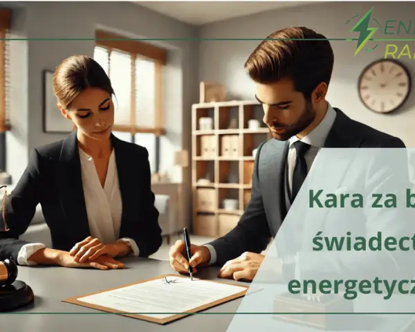Prawnicy analizują dokumenty, gdzie uzyskać świadectwo charakterystyki energetycznej. Logo "Energoraport" i tekst "Kara za brak świadectwa energetycznego".