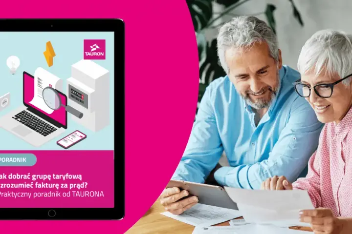 Grafika na tablecie: laptop, licznik, żarówka, piorun. Para analizuje dokumenty.
