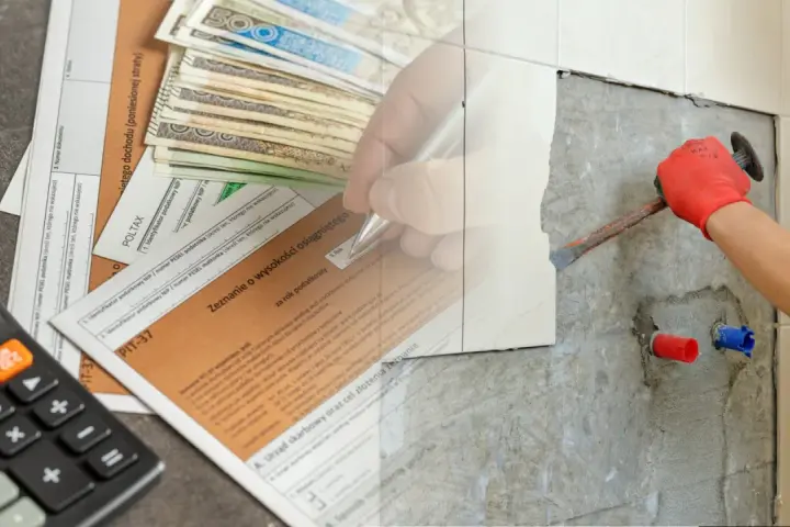 Rozliczenie PIT-37 z pieniędzmi i kalkulatorem, obok trwa remont. Odliczenie remontu od podatku jest możliwe.