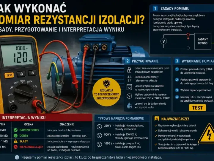 Pomiary instalacji fotowoltaicznej: multimetr mierzy rezystancję izolacji silnika elektrycznego, pokazując 120 MΩ. Instrukcja wyjaśnia zasady, przygotowanie i interpretację wyników.