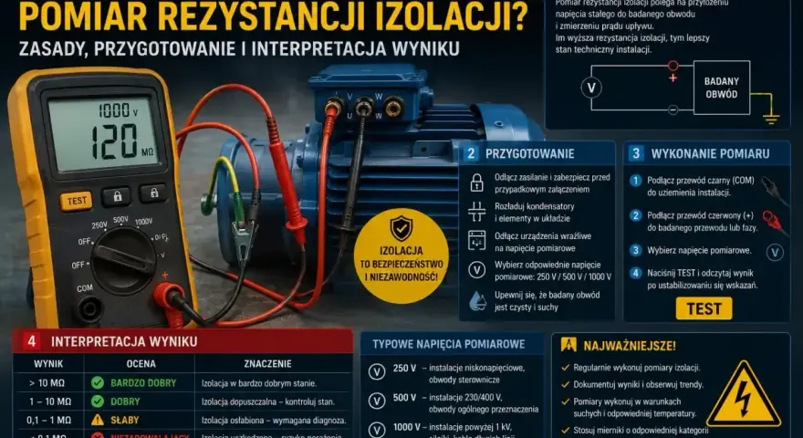 Pomiary instalacji fotowoltaicznej: multimetr mierzy rezystancję izolacji silnika elektrycznego, pokazując 120 MΩ. Instrukcja wyjaśnia zasady, przygotowanie i interpretację wyników.