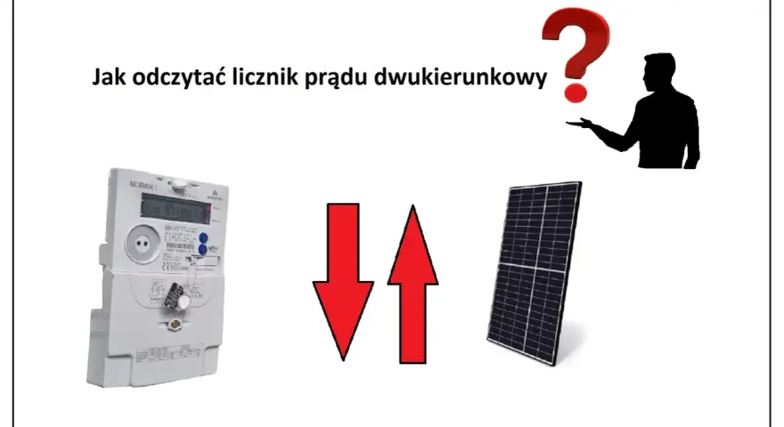 Licznik dwukierunkowy Tauron, panel słoneczny i strzałki pokazujące przepływ energii. Jak odczytać licznik?