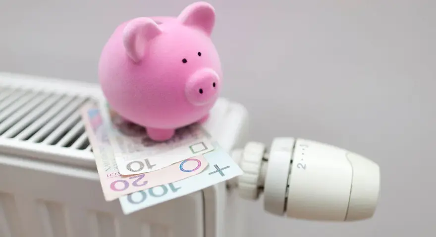 Różowa świnka-skarbonka na grzejniku z polskimi banknotami. Oszczędzanie na ogrzewaniu, może w ramach bonu energetycznego 2026.