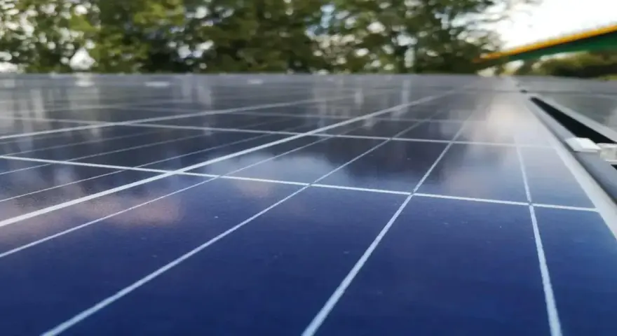 Zbliżenie na panele fotowoltaiczne, które zamieniają światło słoneczne w energię. W tle drzewa i most.
