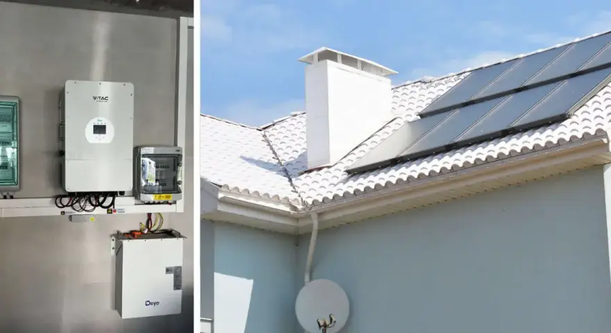 System do magazynowania energii elektrycznej w domu: panele słoneczne na dachu i urządzenia do zarządzania energią na ścianie.