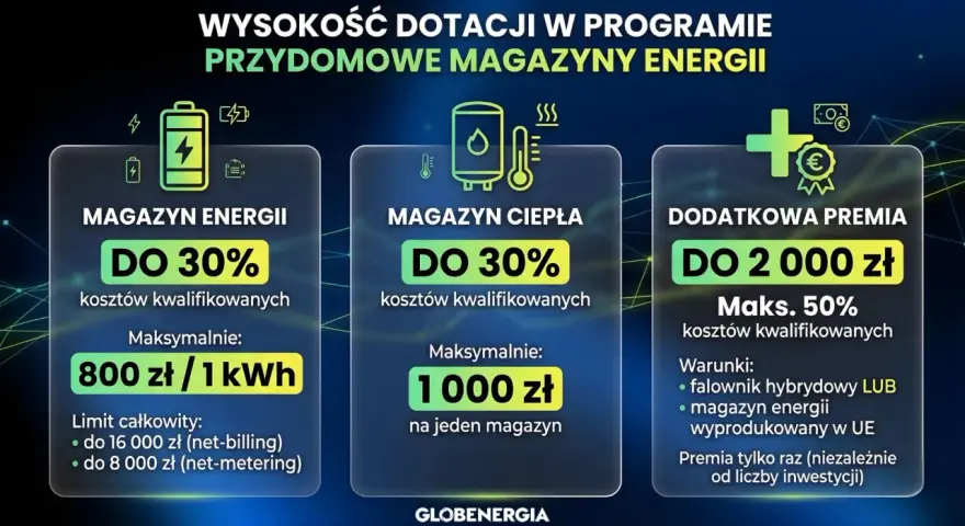 Dofinansowanie do magazynu energii: do 30% kosztów, maks. 800 zł/kWh. Dodatkowa premia do 2000 zł.