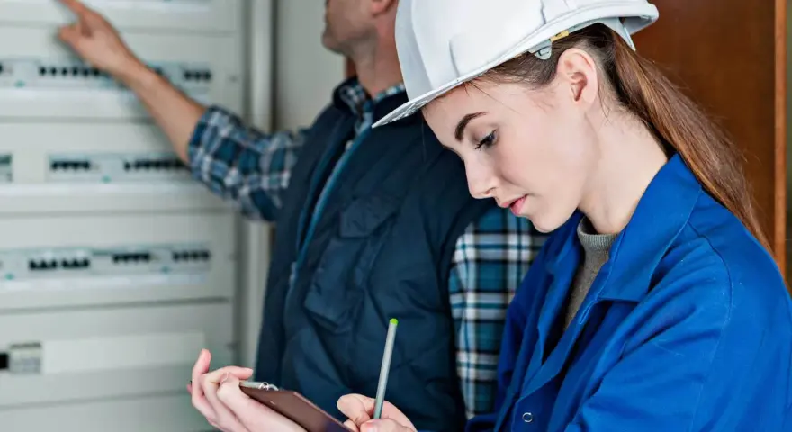 Młoda elektryczka w białym kasku i niebieskim kombinezonie notuje dane, podczas gdy kolega wskazuje na rozdzielnicę. Potwierdzenie kwalifikacji, certyfikat elektryczny w tle.