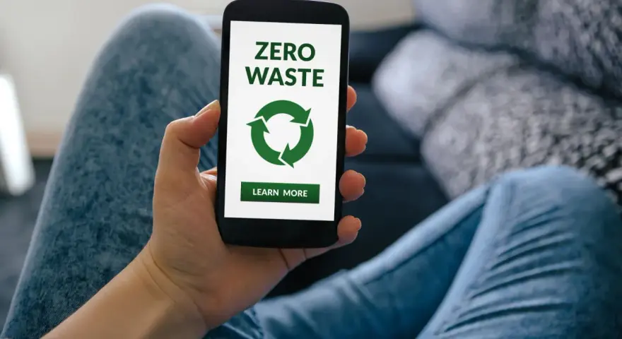 Dłoń trzyma smartfon z ekranem aplikacji zero waste. Zielony symbol recyklingu i przycisk "Learn More" zachęcają do ekologicznych działań.