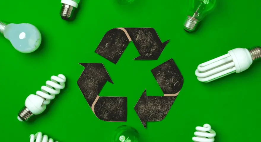 Symbol recyklingu otoczony różnymi rodzajami żarówek. Pamiętaj, gdzie wyrzucać baterie i żarówki, by dbać o planetę.