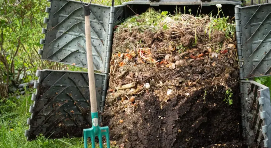 Widok na otwarty kompostownik z widocznymi resztkami organicznymi i widłami obok. To praktyczny sposób, jak zrobić kompostownik.