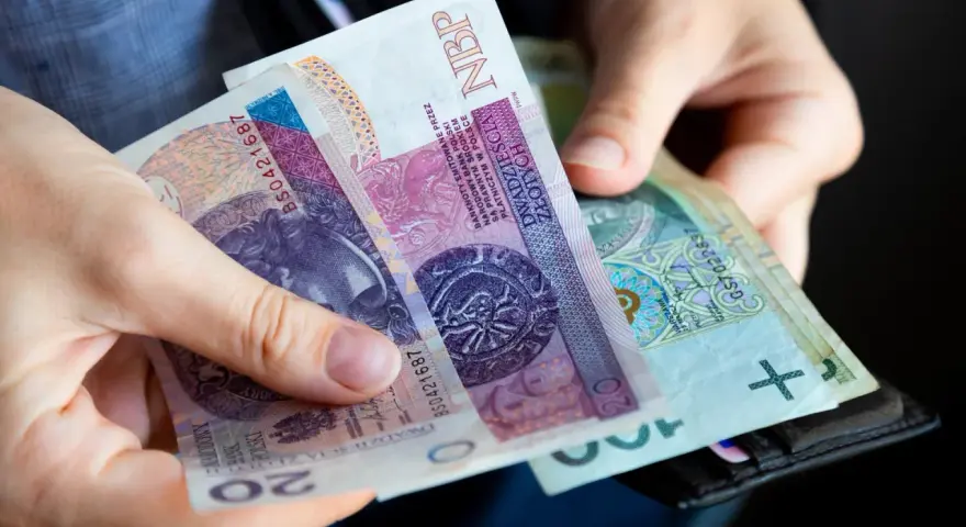 Dłonie trzymają polskie banknoty 20 zł i 100 zł, gotowe do zapłaty. Może to być część wypłaty ryczałtu energetycznego.