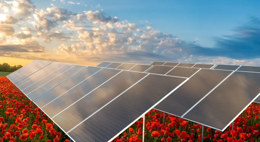 Panele słoneczne na tle kwitnących maków pokazują, jak działa elektrownia słoneczna, przekształcając światło w czystą energię.