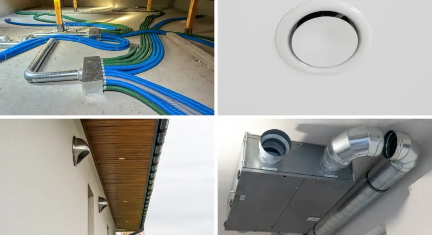 Instalacja rekuperacji z klimatyzacją: przewody w poddaszu, nawiewnik sufitowy, czerpnie/wyrzutnie ścienne i centrala wentylacyjna.