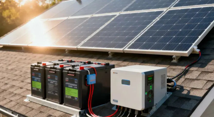 Panele słoneczne na dachu, obok akumulatorów i falownika, tworzą niezależny system energetyczny.