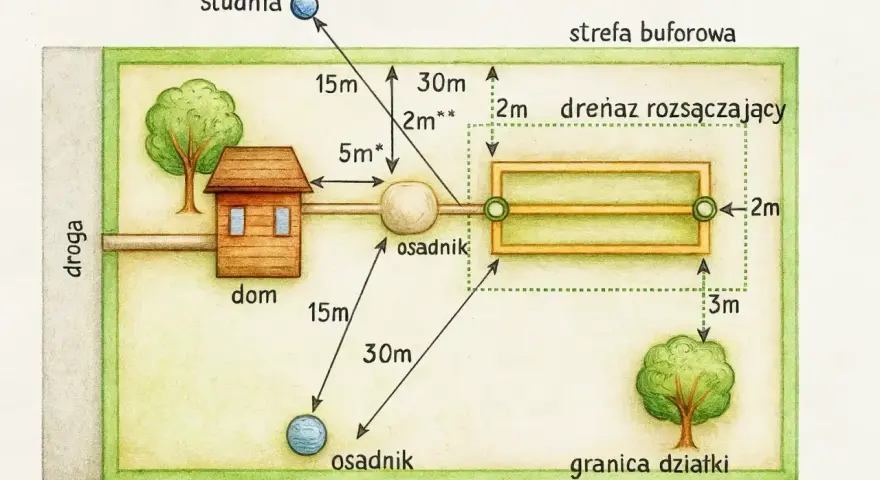 Schemat przydomowej oczyszczalni ścieków: dom, osadnik, drenaż rozsączający, studnia i drzewa na działce z zachowaniem odległości.