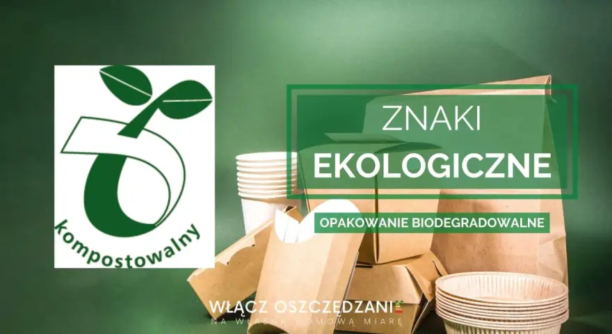Ekologiczne opakowania biodegradowalne, kubeczki i pudełka z papieru. Znak "kompostowalny" i hasło "Włącz oszczędzanie".