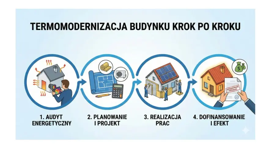 Proces termomodernizacji budynku krok po kroku: audyt, planowanie, realizacja prac, dofinansowanie i efekt.