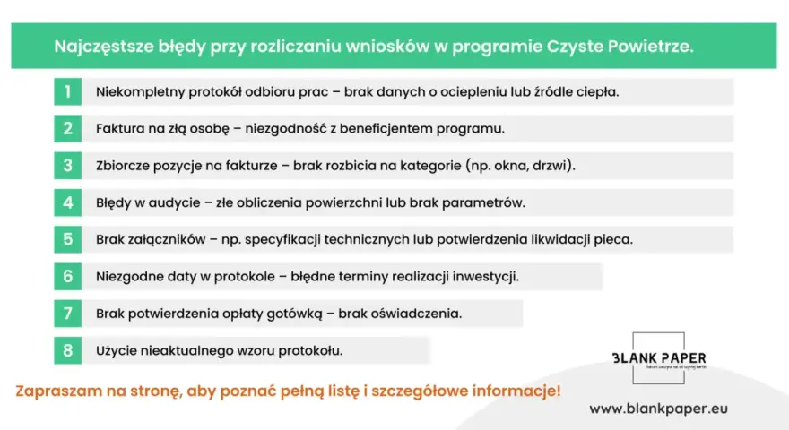 Najczęstsze błędy przy rozliczaniu wniosków w programie Czyste Powietrze. Protokół odbioru robót wykonawcy czyste powietrze wzór wypełnienia – lista błędów.