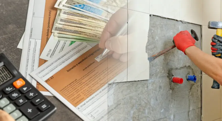 Rozliczenie PIT-37 z pieniędzmi i kalkulatorem, obok trwa remont. Odliczenie remontu od podatku jest możliwe.