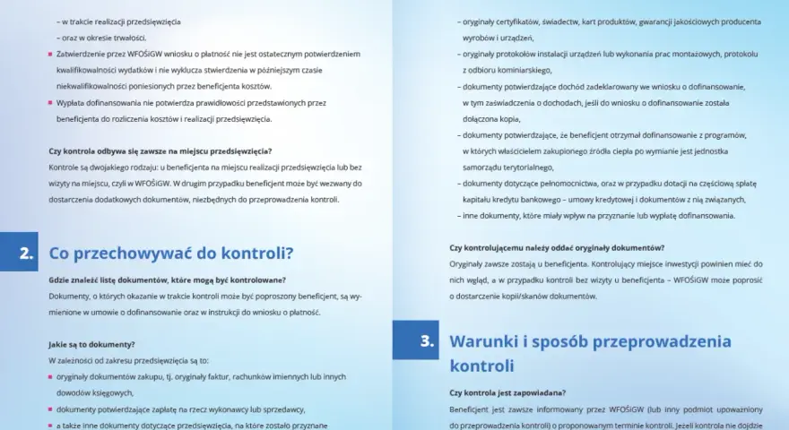 Dokumenty do kontroli: faktury, dowody zapłaty, certyfikaty, protokoły. Czyste powietrze i wypłata środków wymagają dokumentacji.