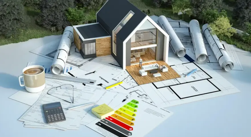 Projekt domu z energooszczędnym ogrzewaniem elektrycznym. Na stole plany, kalkulator i certyfikat energetyczny.