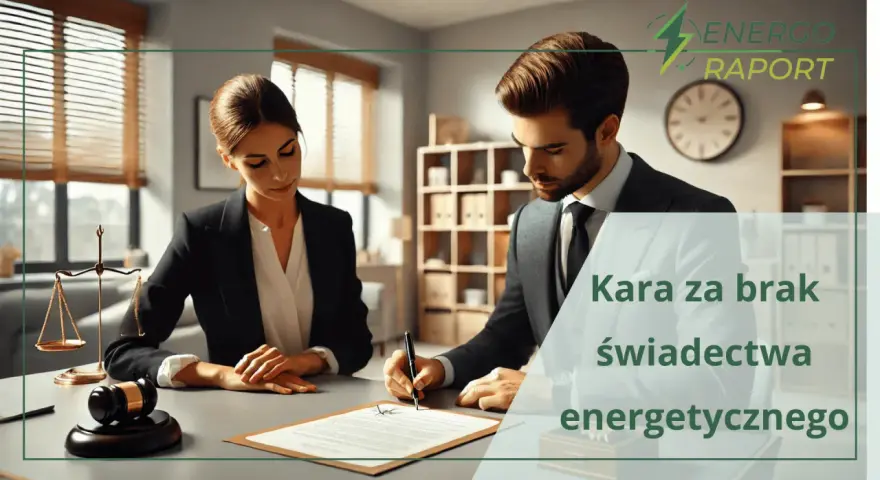 Prawnicy analizują dokumenty, gdzie uzyskać świadectwo charakterystyki energetycznej. Logo "Energoraport" i tekst "Kara za brak świadectwa energetycznego".