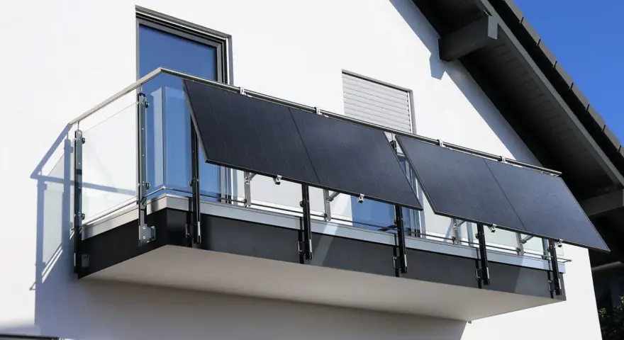 Nowoczesna fotowoltaika na tarasie. Panele słoneczne zamontowane na balustradzie, czerpiące energię ze słońca.