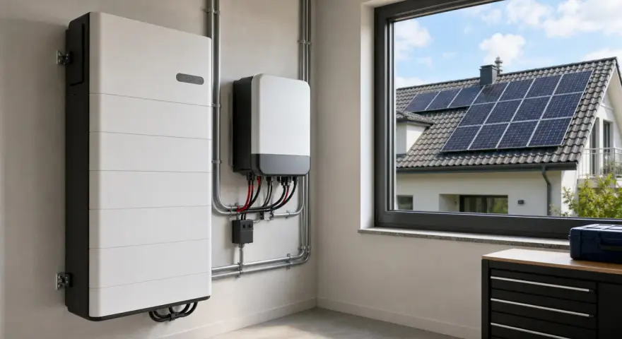 Nowoczesny magazyn energii i falownik, gotowe do instalacji najlepszej fotowoltaiki. Za oknem widać dom z panelami słonecznymi na dachu.