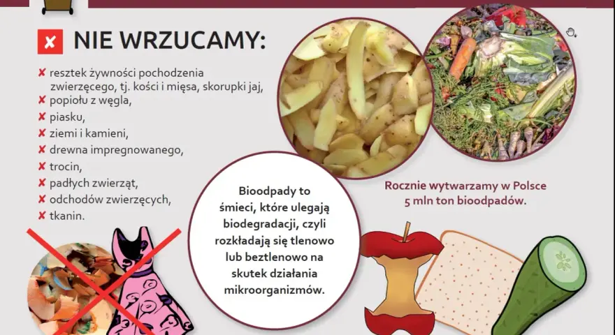 Co to bioodpady? Obrazek pokazuje, czego nie wrzucać do brązowego pojemnika: resztki zwierzęce, popiół, piasek, ziemię, drewno, trociny, padłe zwierzęta, odchody i tkaniny.