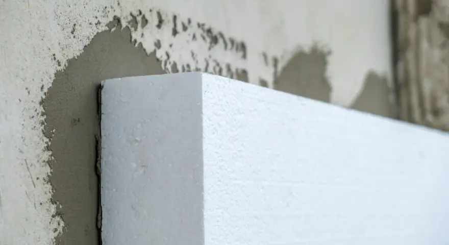 Biały styropian przyklejany do ściany. Materiał izolacyjny, który pomoże w ociepleniu domu, a nie styrobeton.