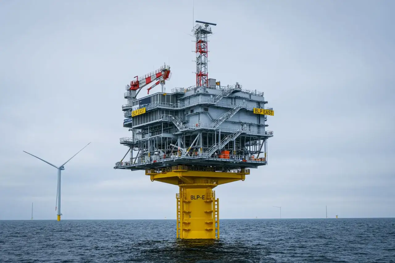 Platforma wiatrowa BLP EAST na morzu, obok widać wiatraki. Ile jest wiatrak&oacute;w w Polsce? To pytanie nabiera znaczenia, gdy patrzymy na rozw&oacute;j energetyki wiatrowej.