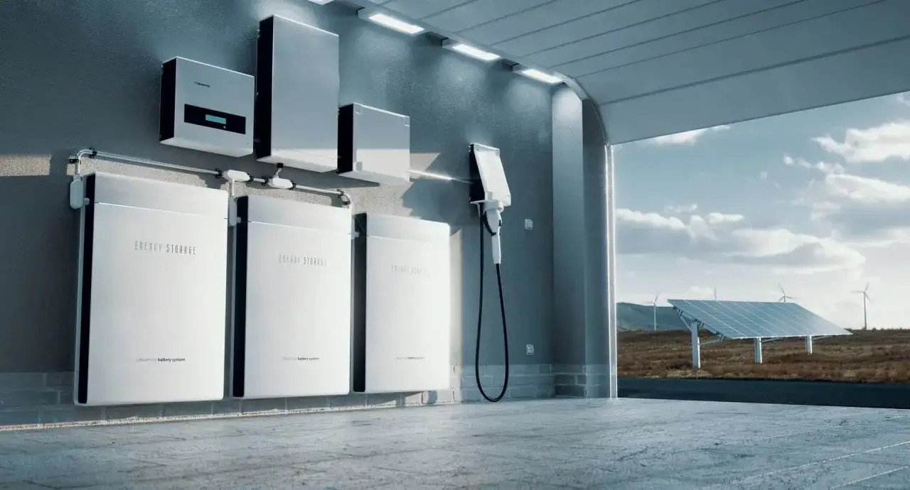 Nowoczesny domowy magazyn energii z bateriami i ładowarką. W tle panele słoneczne i wiatraki.